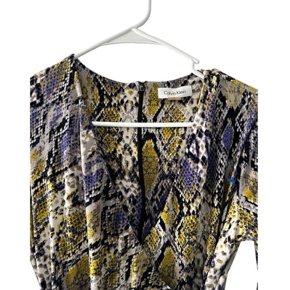 Calvin Klein Multicolored Snake Skin Pattern Faux Wrap Dress Size 4 Purple Yello - Picture 4 of 11
